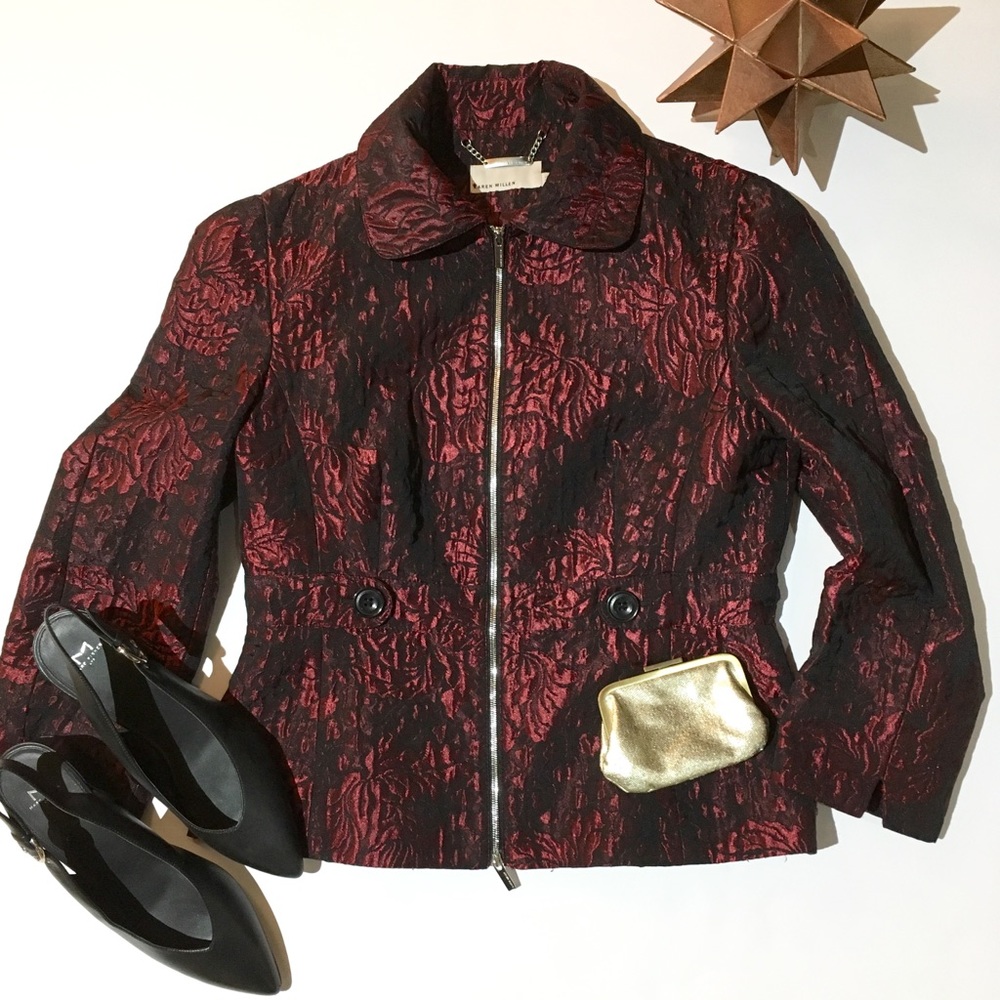 Karen Millen Maroon Jacquard Floral Blazer Jacket
